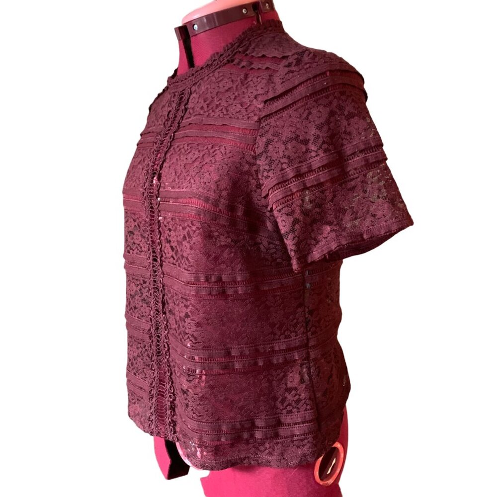 LUSH - burgundy Sheer Lace embroidery top - Short sleeves - high neck - large